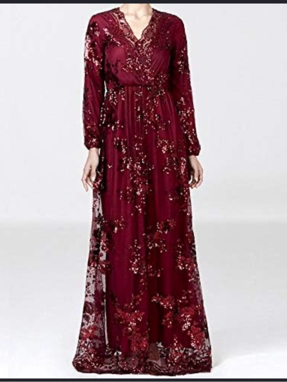 Elegant Red Long-Sleeve Embroidered Maxi Dress